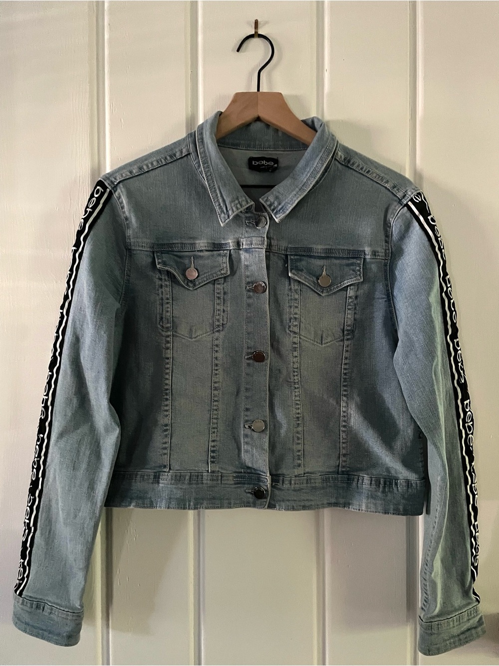 bebe Light Blue Denim Jacket with Black Logo Tape Sleeves Y2K inspired Size L